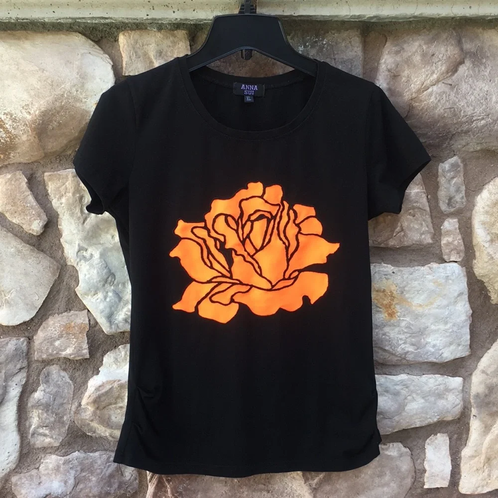 Anna Sui Short Sleeve Orange Flower Black T-shirt size Small Medium - Picture 1 of 10